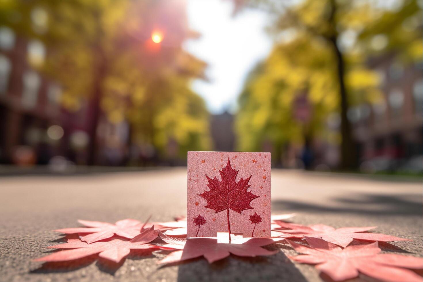 Maple leaf on greeting card put on the street, photo