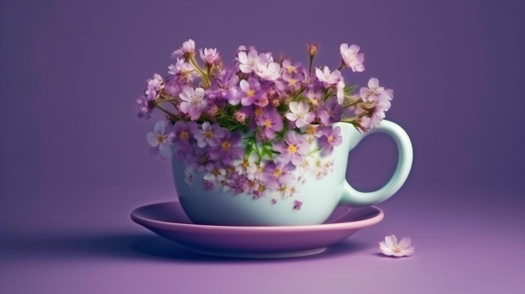 un manojo flor en un taza en púrpura fondo, ai generativo foto