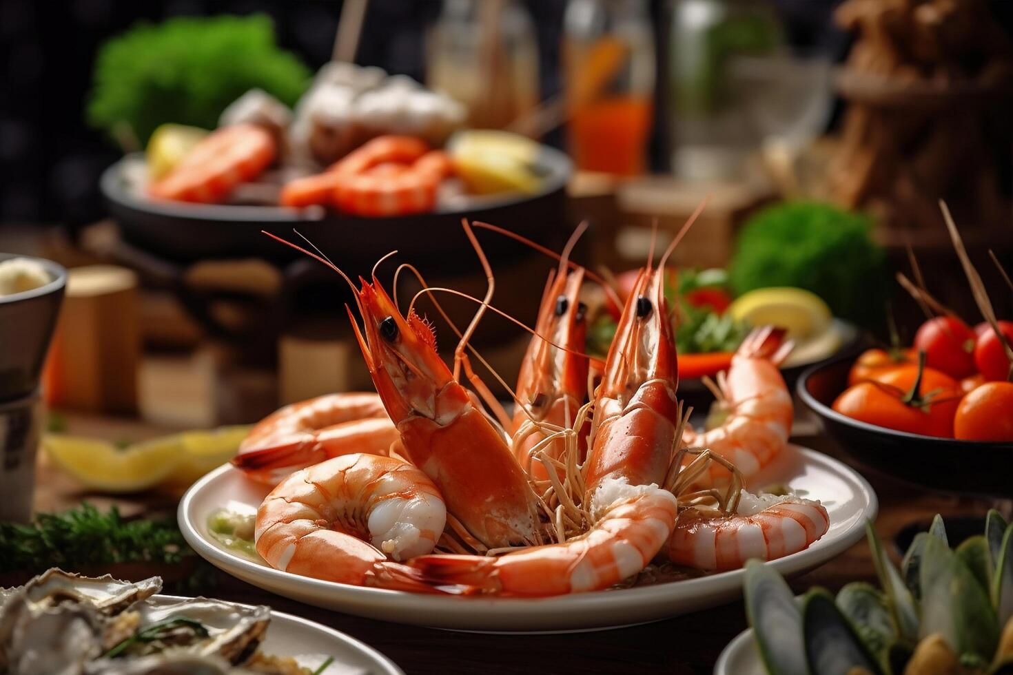 Boiled prawn shrimps on a plate, photo