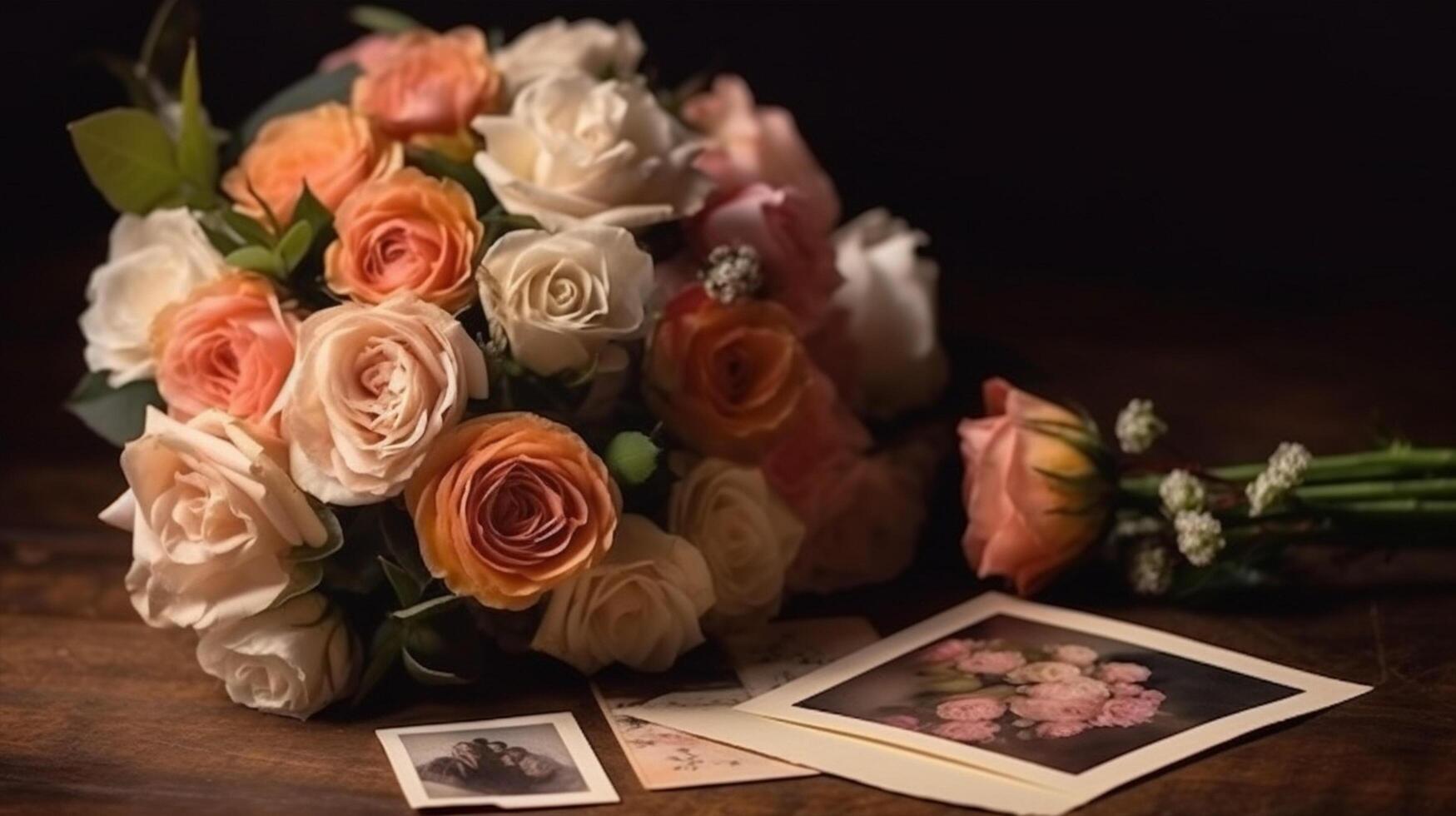 Rose flowers on rustic wooden background, photo