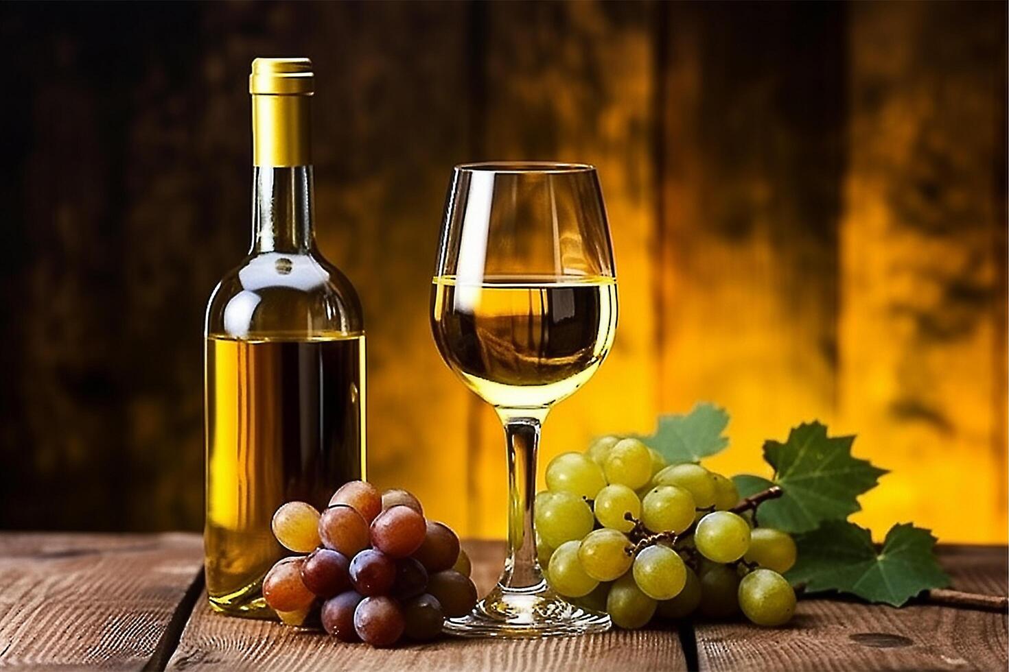 Bottle of white wine with wineglass ripe grape on black wooden table, photo
