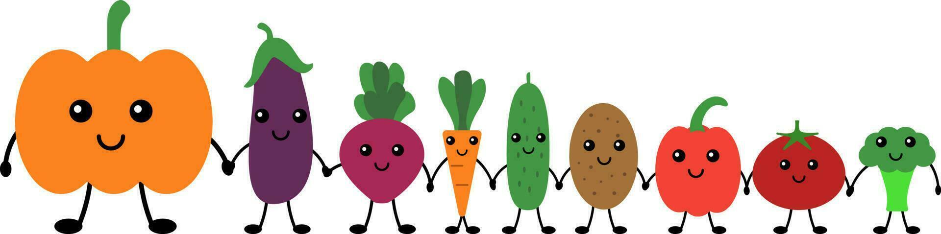 Funny vegetables hold hands, vector. vector