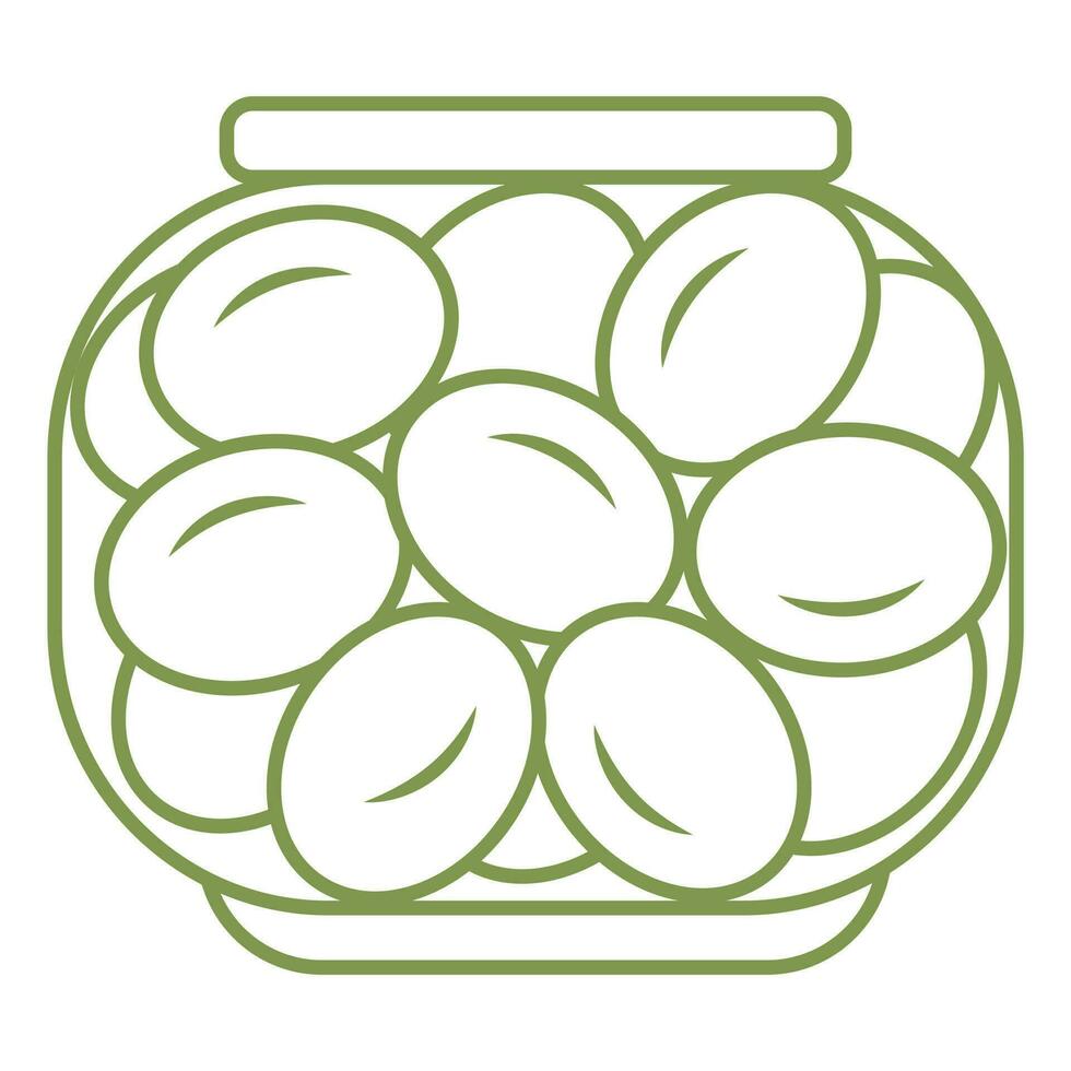 Olives in a transparent glass jar. Simple icon in doodle style. Vector illustration isolated on white background.