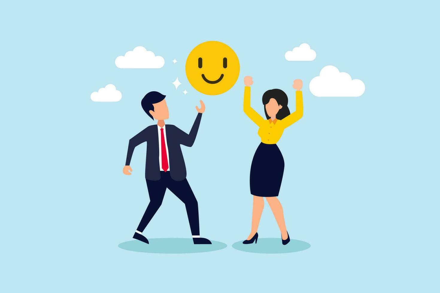 felicidad de los empleados, satisfacción laboral o beneficio de la empresa, lugar de trabajo feliz o actitud positiva, concepto de motivación laboral, hombre de negocios feliz y mujer con el símbolo de la cara sonriente en un lugar de trabajo alegre. vector