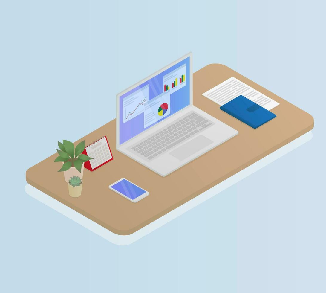 Workplace. Laptop, phone, notebook, calendar and potted flowers on the desktop. Work from home or office. Isometric vector illustration.