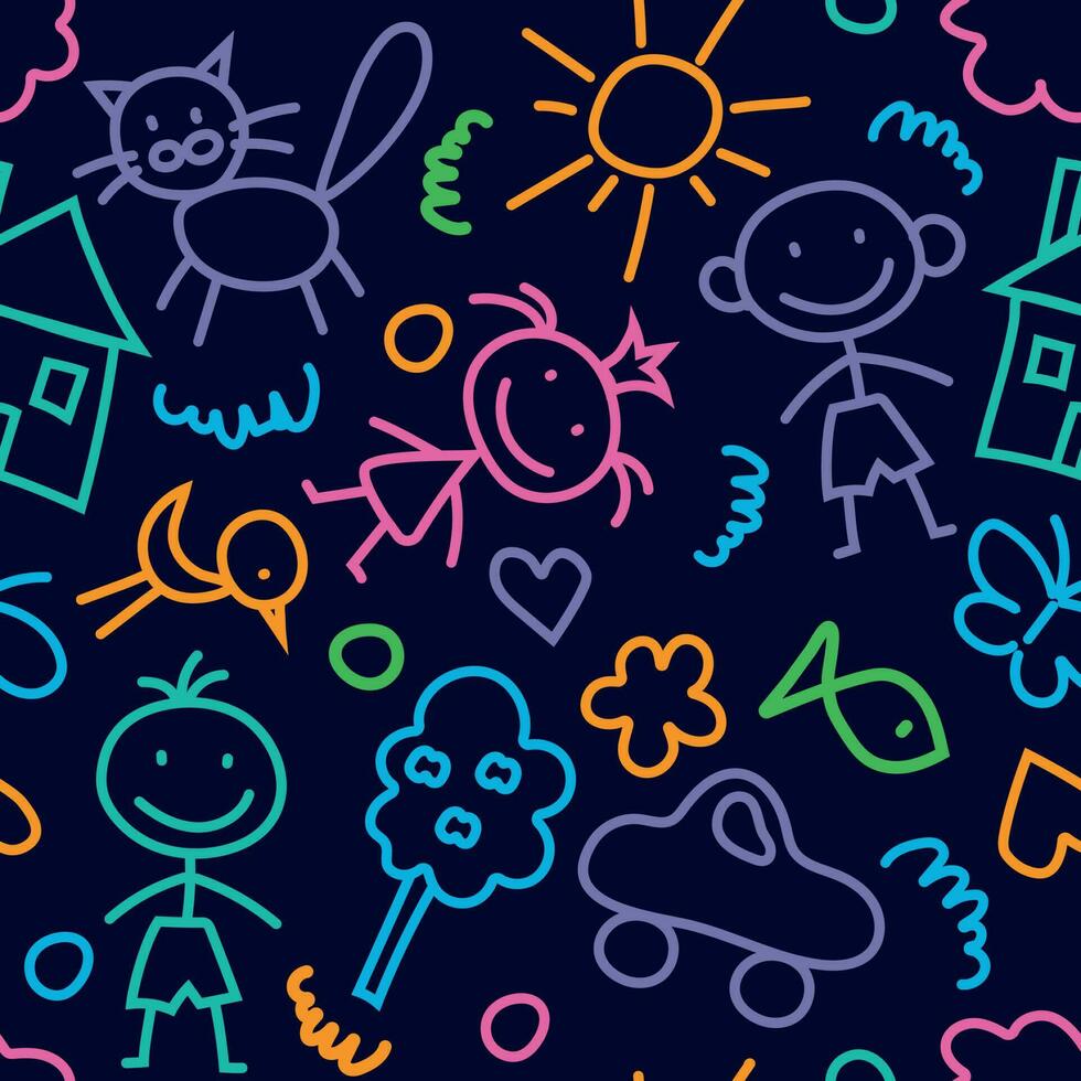 Seamless color vector pattern with cute baby doodles on a dark background.