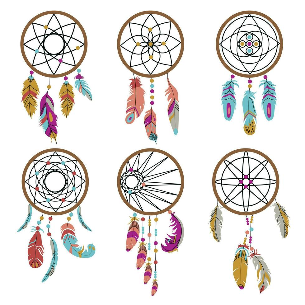 Dream catcher and feather isolated on white background. Set of colorful vector illustrations. American Indian dream catcher.