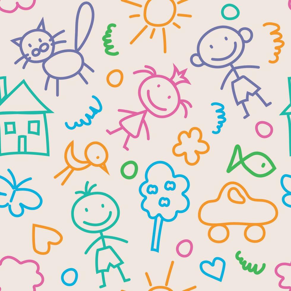 Seamless color vector pattern with cute baby doodles on a beige background. Design idea for children's drawings.