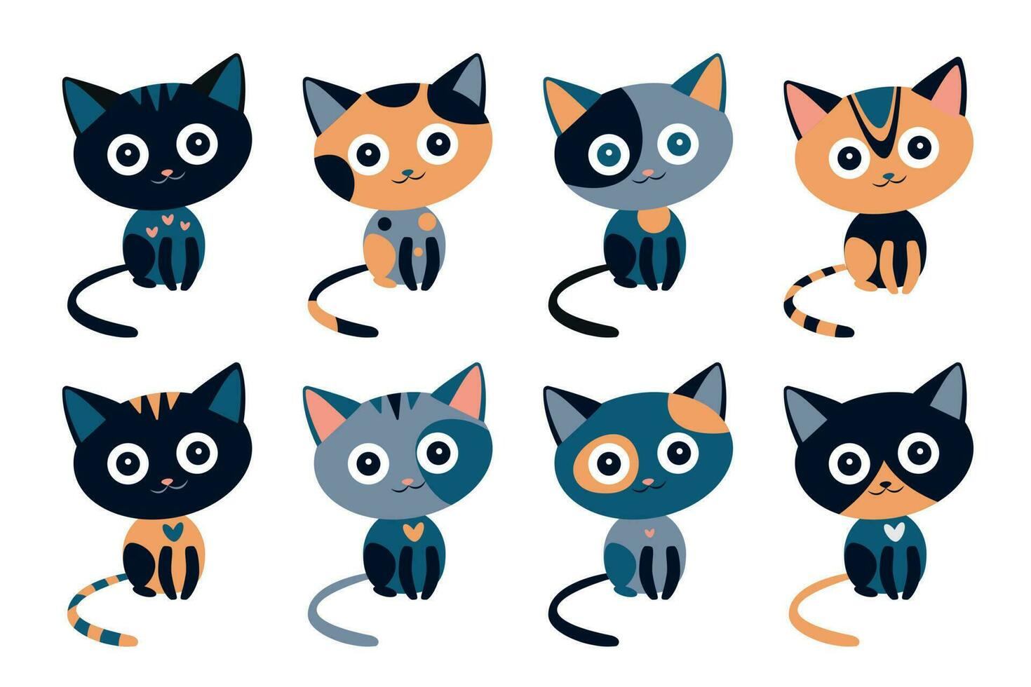 Set of various cartoon cute cats isolated on white background. Vector illustration.