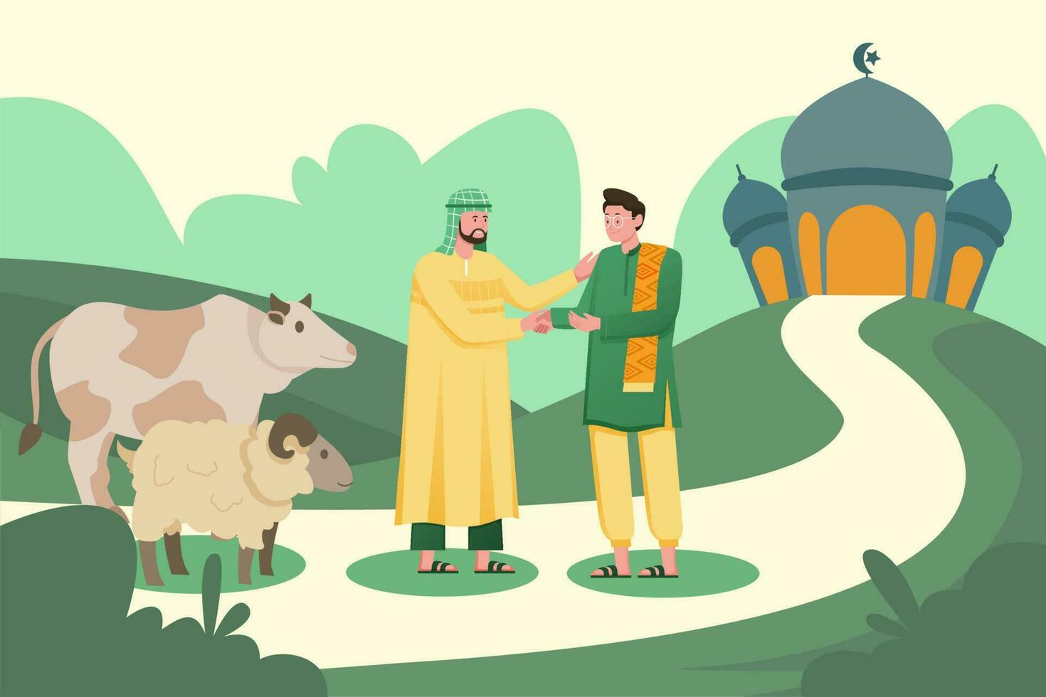 Eid Mubarak Eid Ul Adha Mobarak and mosque illustration camel sheep vector