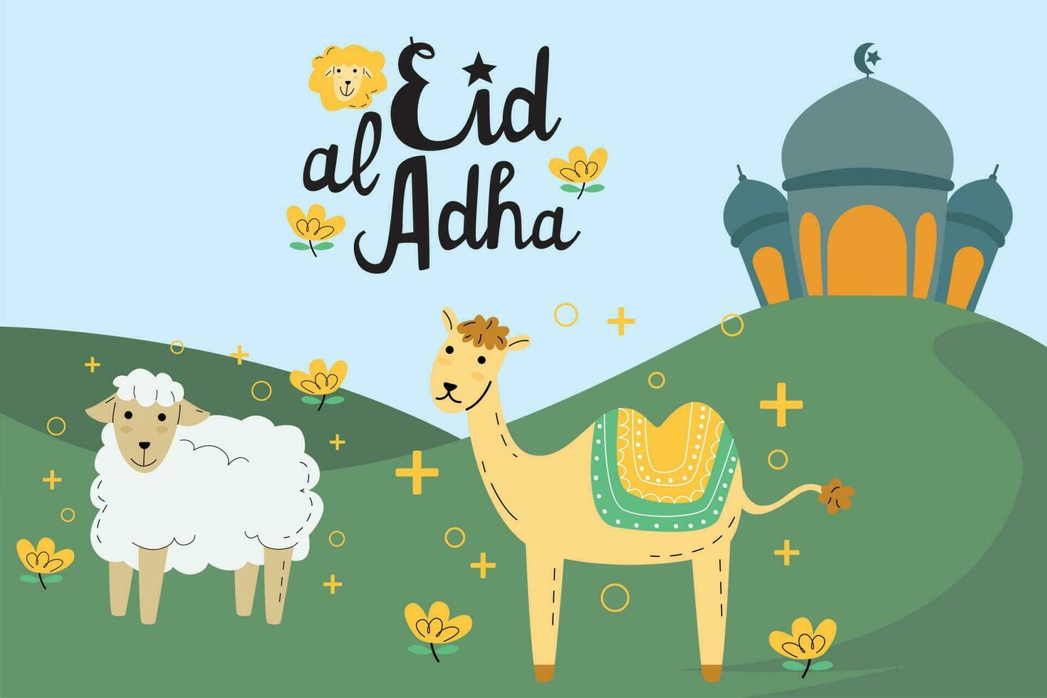 Eid Mubarak Eid Ul Adha Mobarak and mosque illustration camel sheep vector