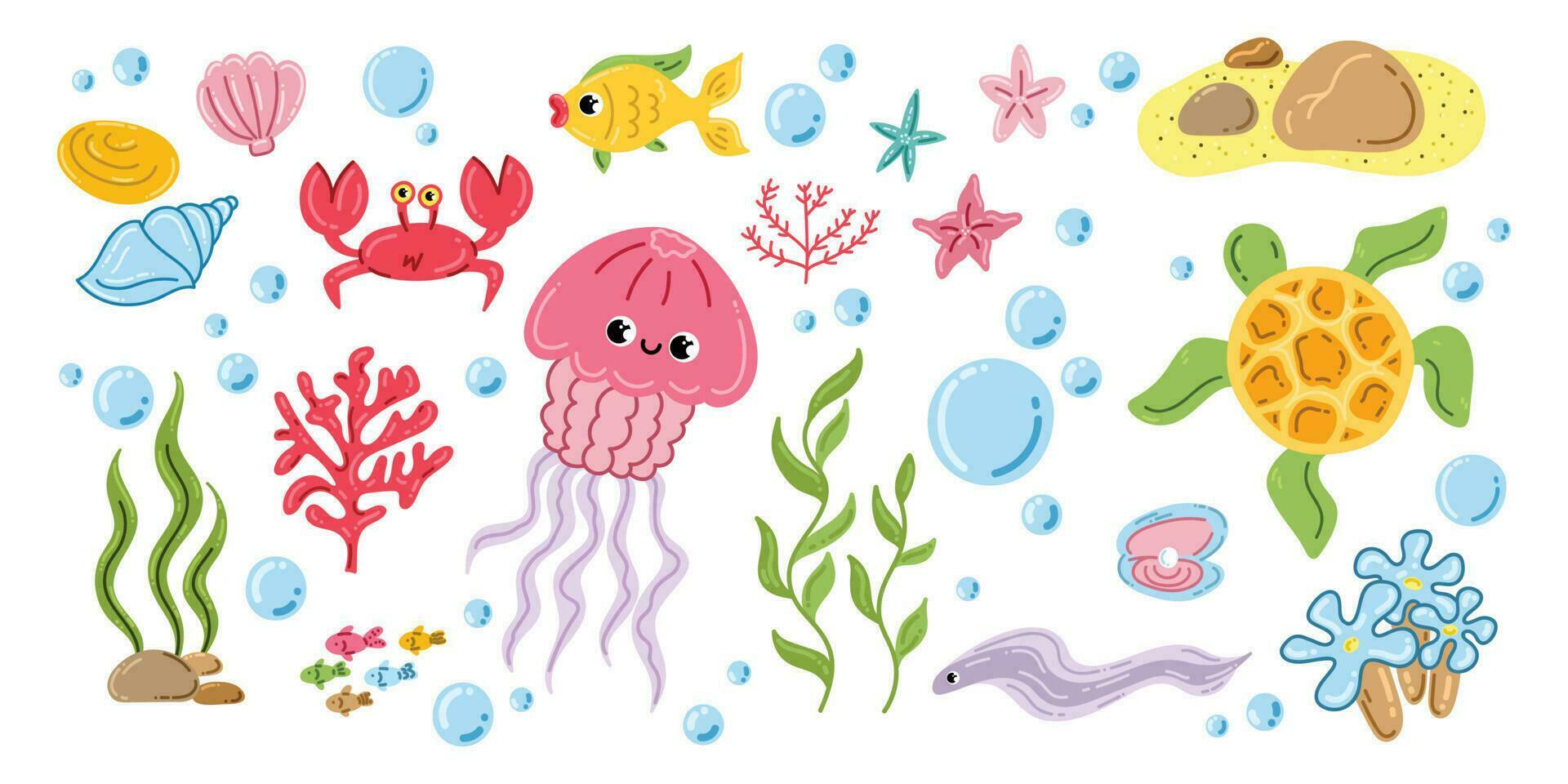 linda mar criaturas y plantas. plano vector íconos