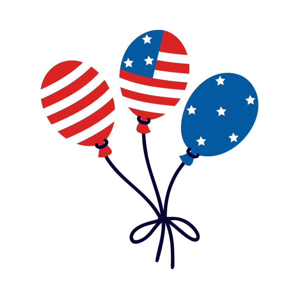 americano bandera globos haz de fiesta decoraciones para julio 4to, Estados Unidos independencia día. nacional símbolo de libertad con estrellas, rayas. vector ilustración aislado en blanco. plano dibujos animados clipart