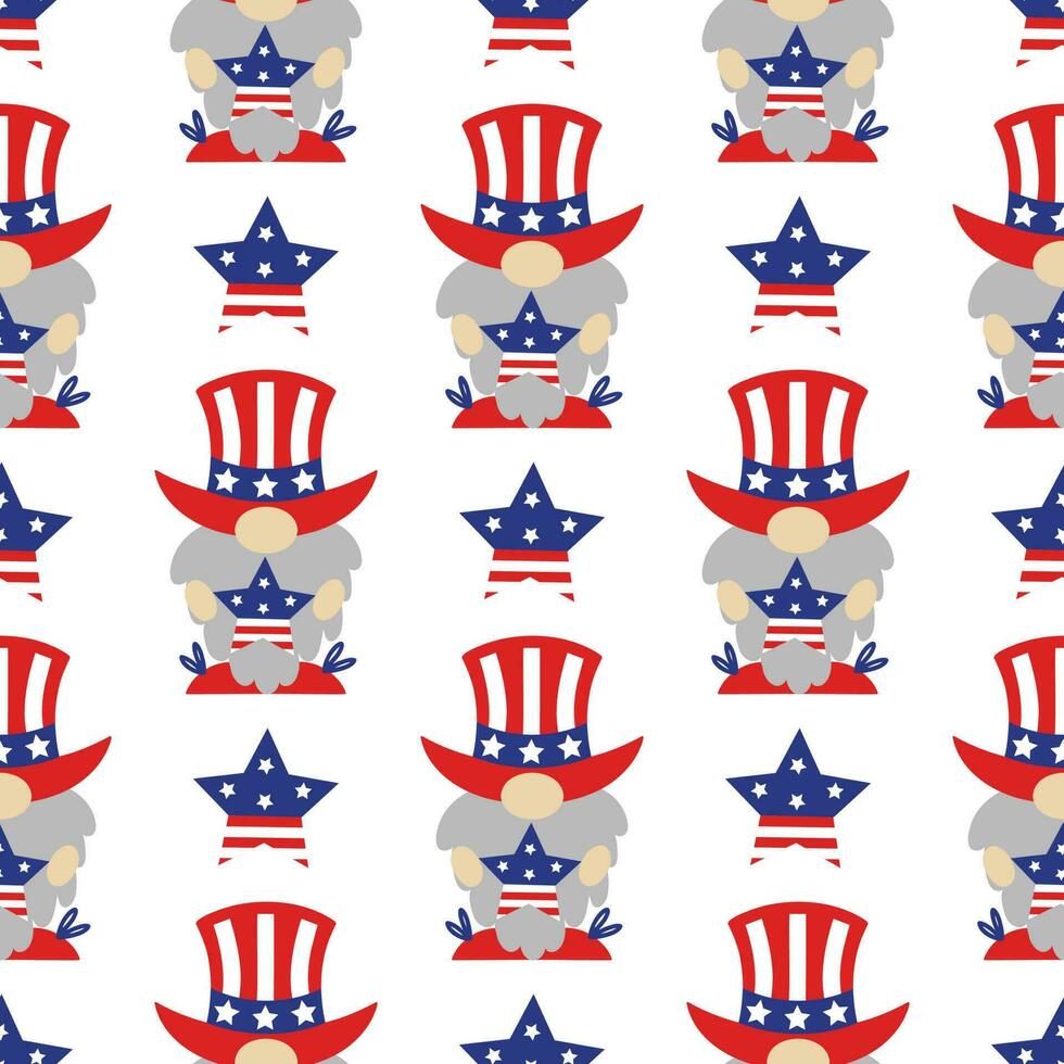 Patriotic gnomes by July 4th seamless vector pattern. American Independence Day. A cute elf with a beard holds a star with the USA flag. Leprechaun in a traditional hat. Cartoon vector background