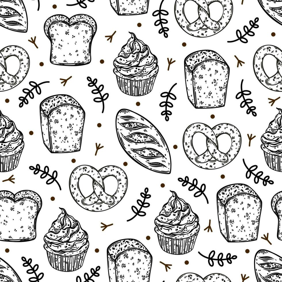 Pastry seamless vector pattern. Fresh organic bread, cupcake, loaf, pretzel. Delicious baked goods. Grain pies with crispy crust. Food sketch. Black and white background for packaging, menu, web
