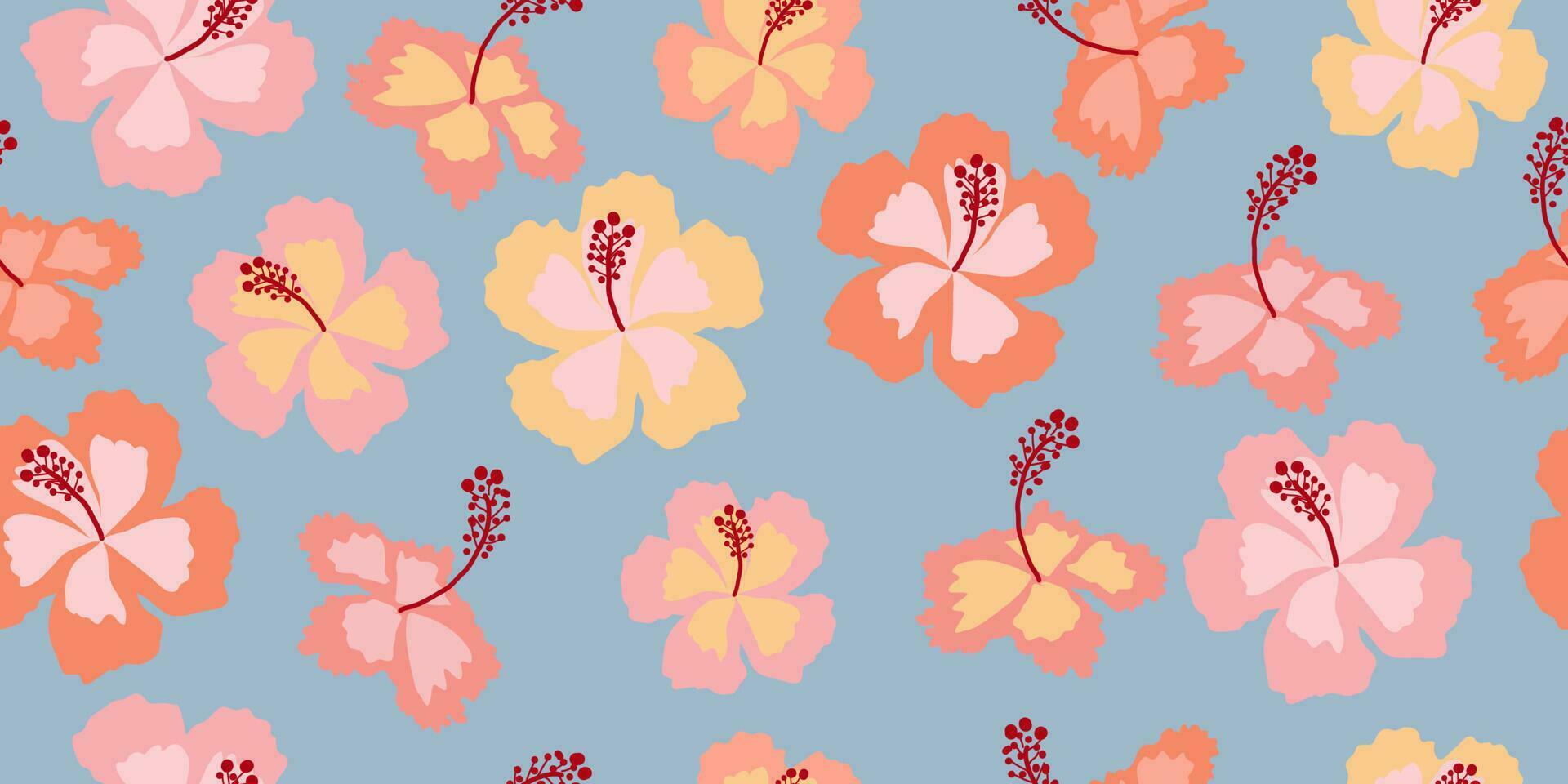 Hand drawn Hibiscus flowers, seamless patterns with floral for fabric, textiles, clothing, wrapping paper, cover, banner, interior decor, abstract backgrounds. vector