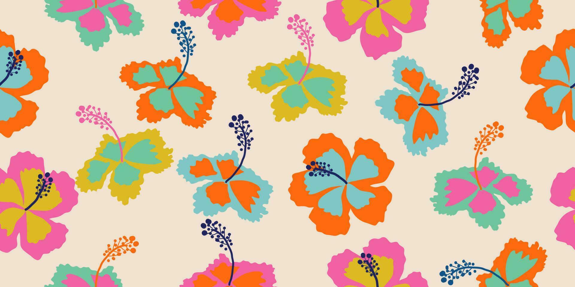 Hand drawn Hibiscus flowers, seamless patterns with floral for fabric, textiles, clothing, wrapping paper, cover, banner, interior decor, abstract backgrounds. vector