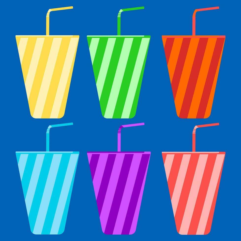 Colorful glasses of water with straw in flat vector illustration design