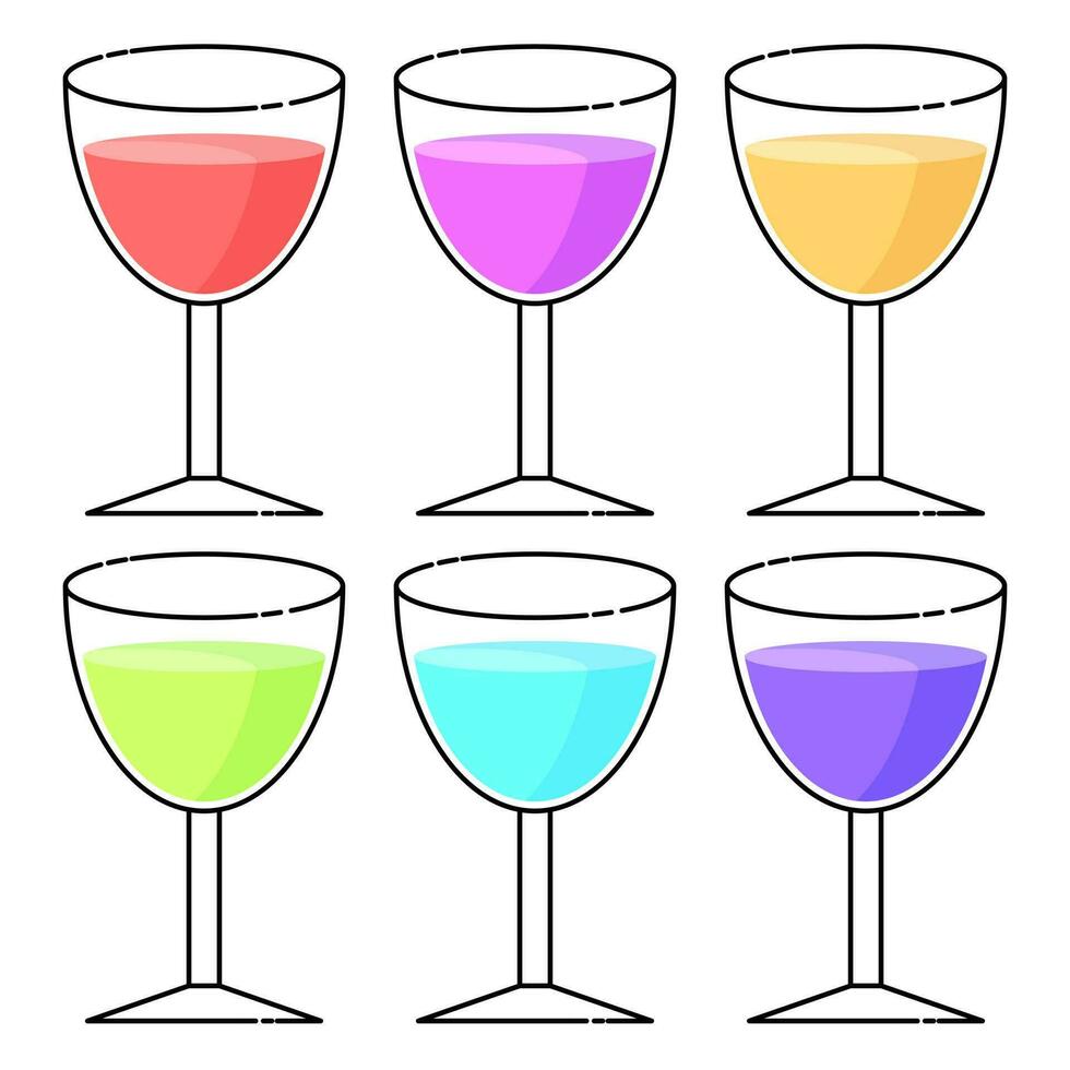 Colorful water color in wine glasses in flat vector illustration