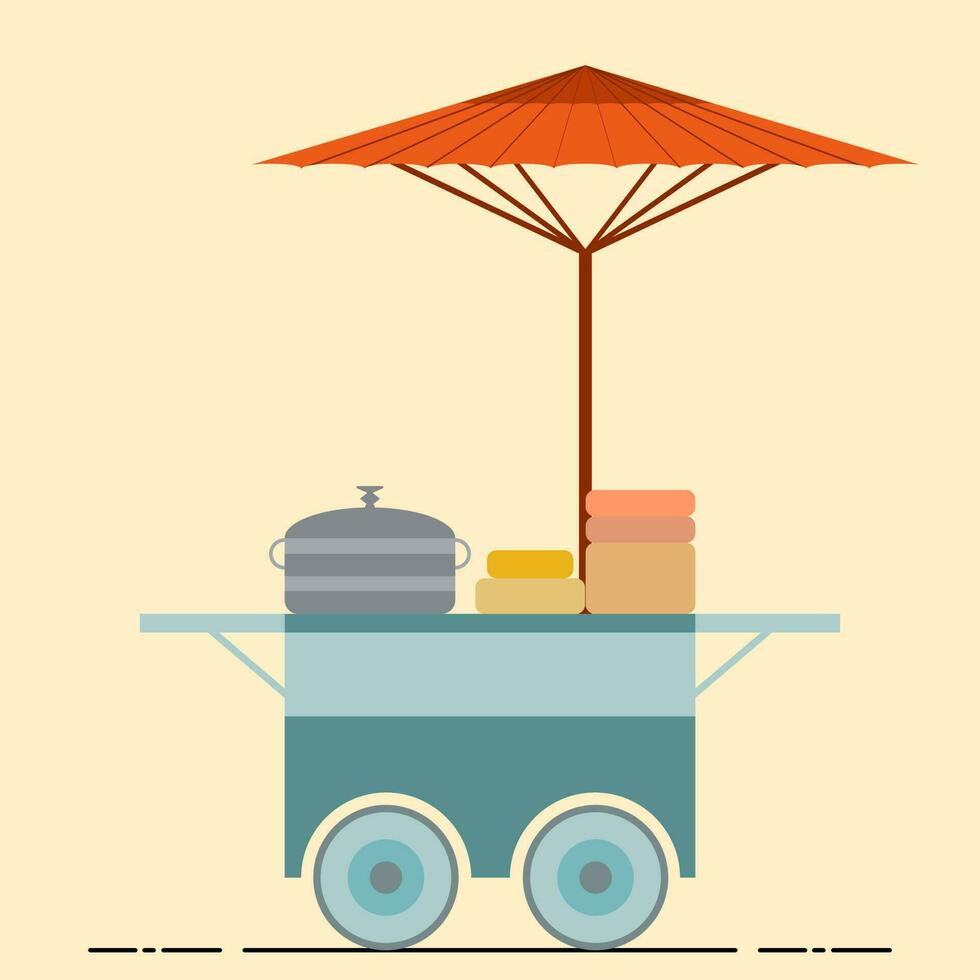 Food cart, Trolley with umbrella, pot for merchant in flat vector illustration design