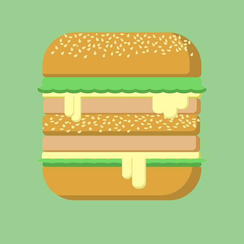 Hamburger with cheese, pork, beef, vegetable and bread in flat vector illustration design