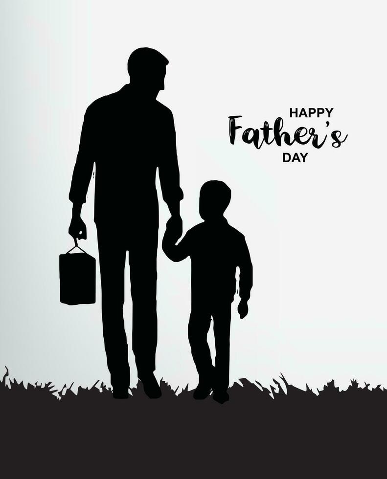 Greeting card with Happy Father's Day lettering. Father and son went out for a walk together. silhouette of father and son. Father and son in nature during sunset. Happy Father's Day Celebration Ideas vector