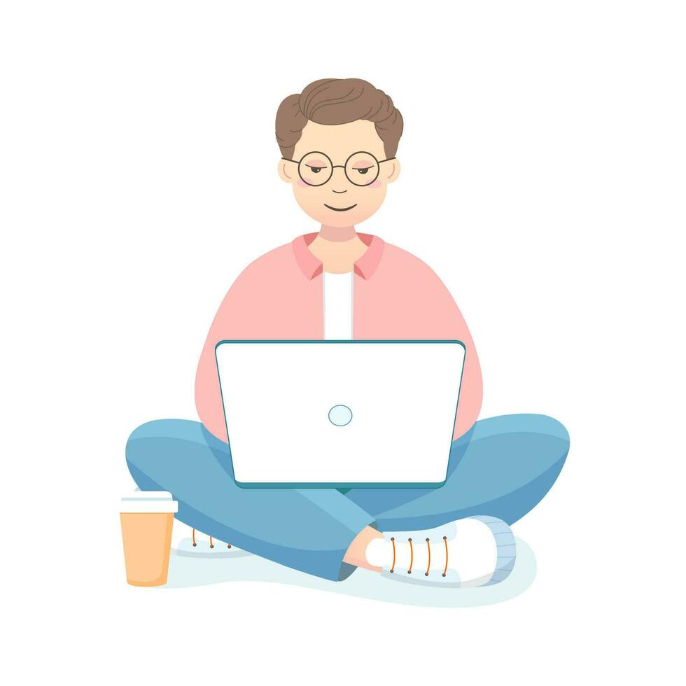 man sitting with a laptop, online education vector