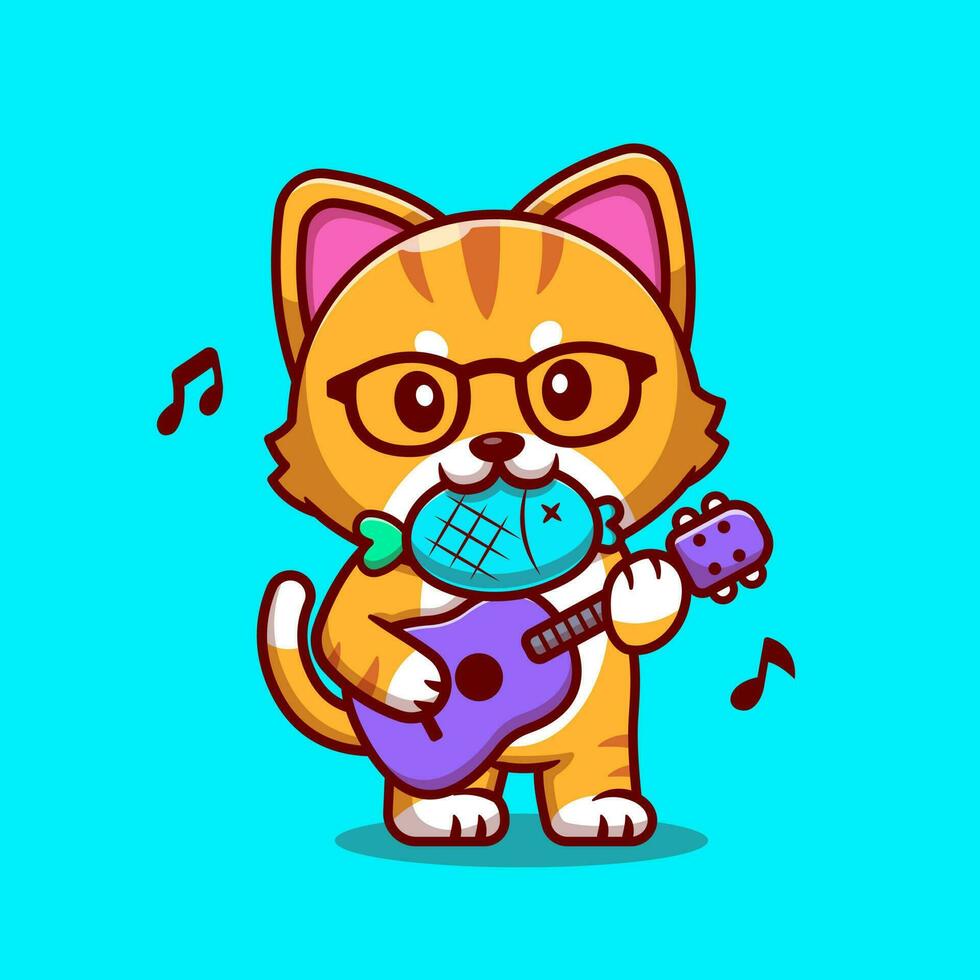 Cute Cat Playing Guitar With Fish Cartoon Vector Icon  Illustration. Animal Music Icon Concept Isolated Premium  Vector. Flat Cartoon Style