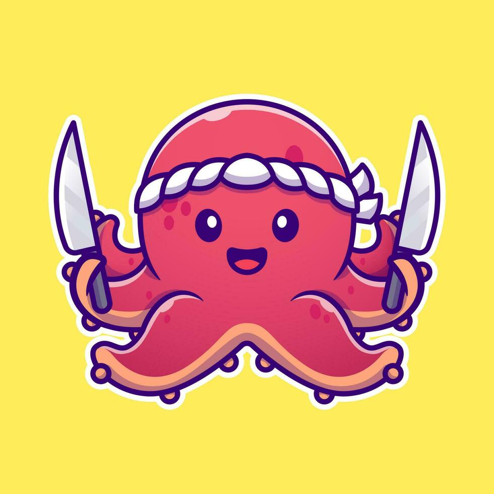 Octopus Chef Holding Knife Cartoon Vector Icon Illustration.  Animal Food Icon Concept Isolated Premium Vector. Flat  Cartoon Style