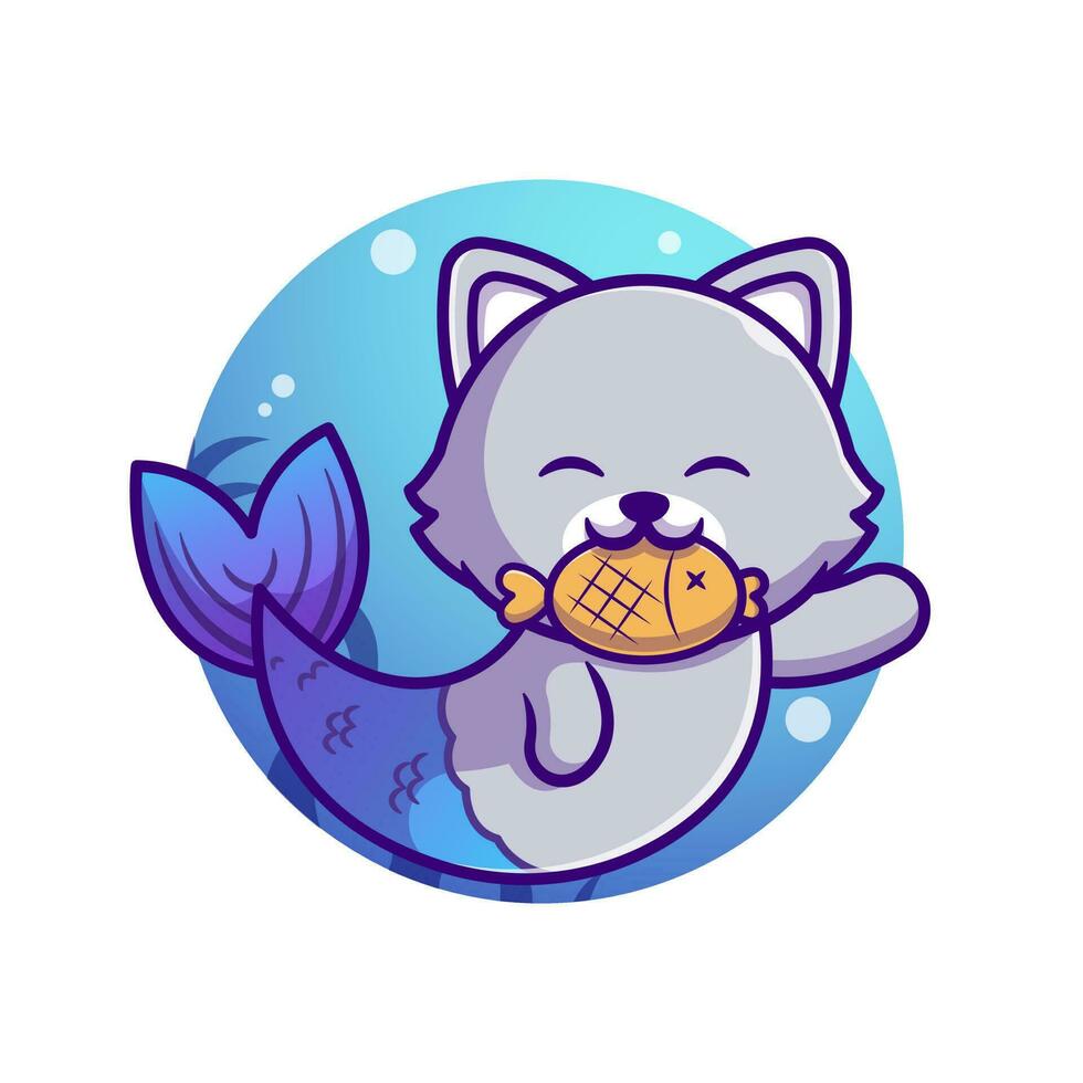 Cute Cat Mermaid Bite Fish Cartoon Vector Icon  Illustration. Animal Drink Icon Concept Isolated Premium  Vector. Flat Cartoon Style