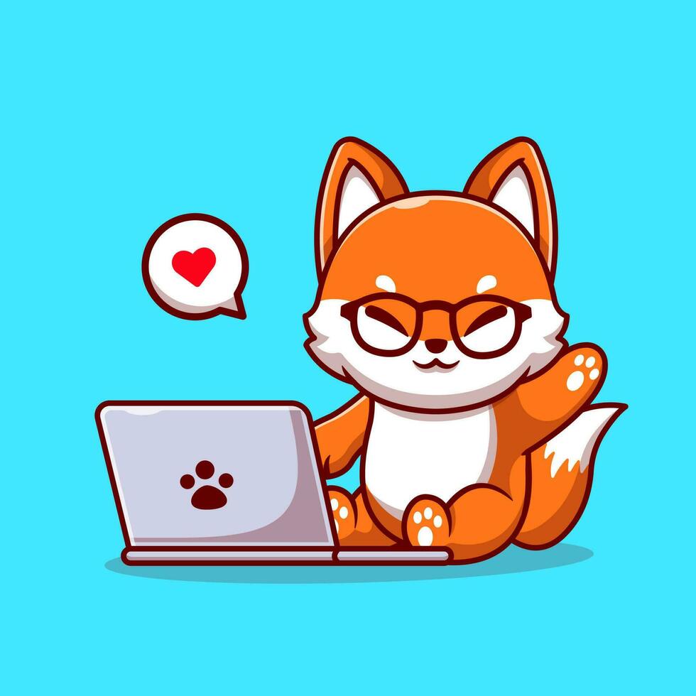 Cute Fox Operating Laptop Cartoon Vector Icon Illustration.  Animal Technology Icon Concept Isolated Premium Vector.  Flat Cartoon Style