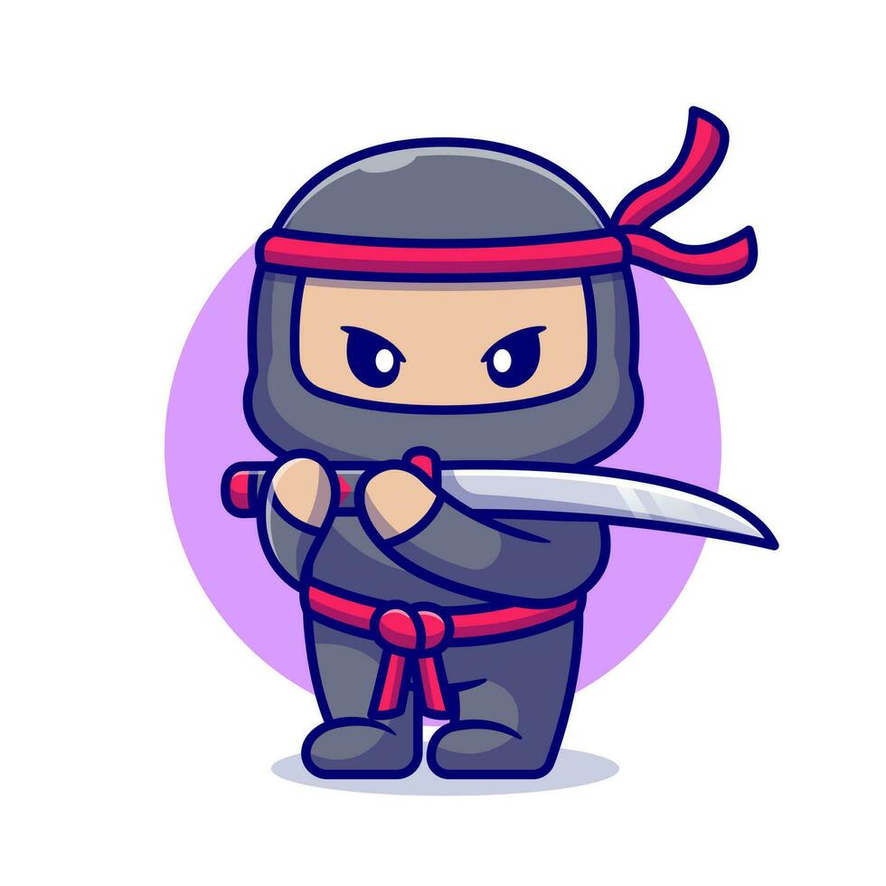 Cute Ninja With Sword Cartoon Vector Icon Illustration.  People Fashion Icon Concept Isolated Premium Vector. Flat  Cartoon Style