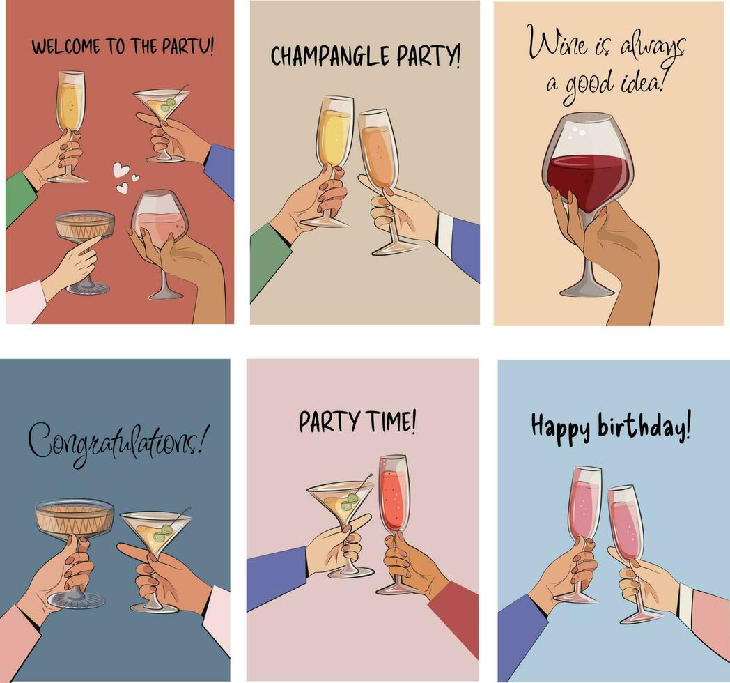 crystal wine glass martini champagne alcoholic drinks at party, party invitations birthday card vector