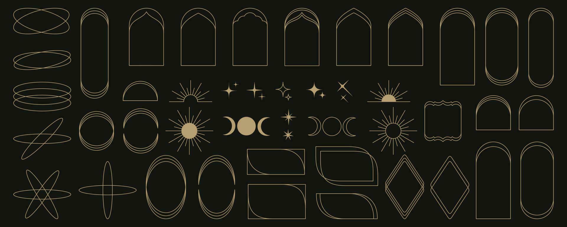 Set of minimalistic linear arch frames in modern minimalist Y2k aesthetic style. Abstract vector design outline elements - sun, moon, star, sparkle, geometric form for banner, social media, poster.