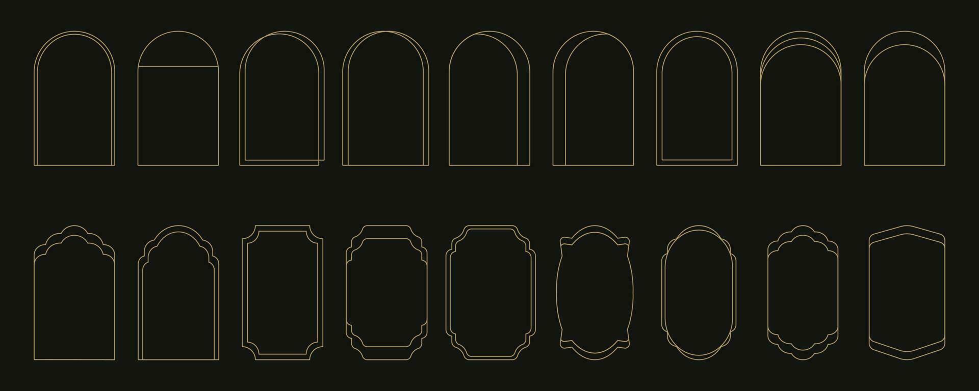 Set of minimalistic linear arch frames in trendy modern minimalist Y2k aesthetic style. Abstract vector design outline elements - arc, geometric form for banner, social media, poster.