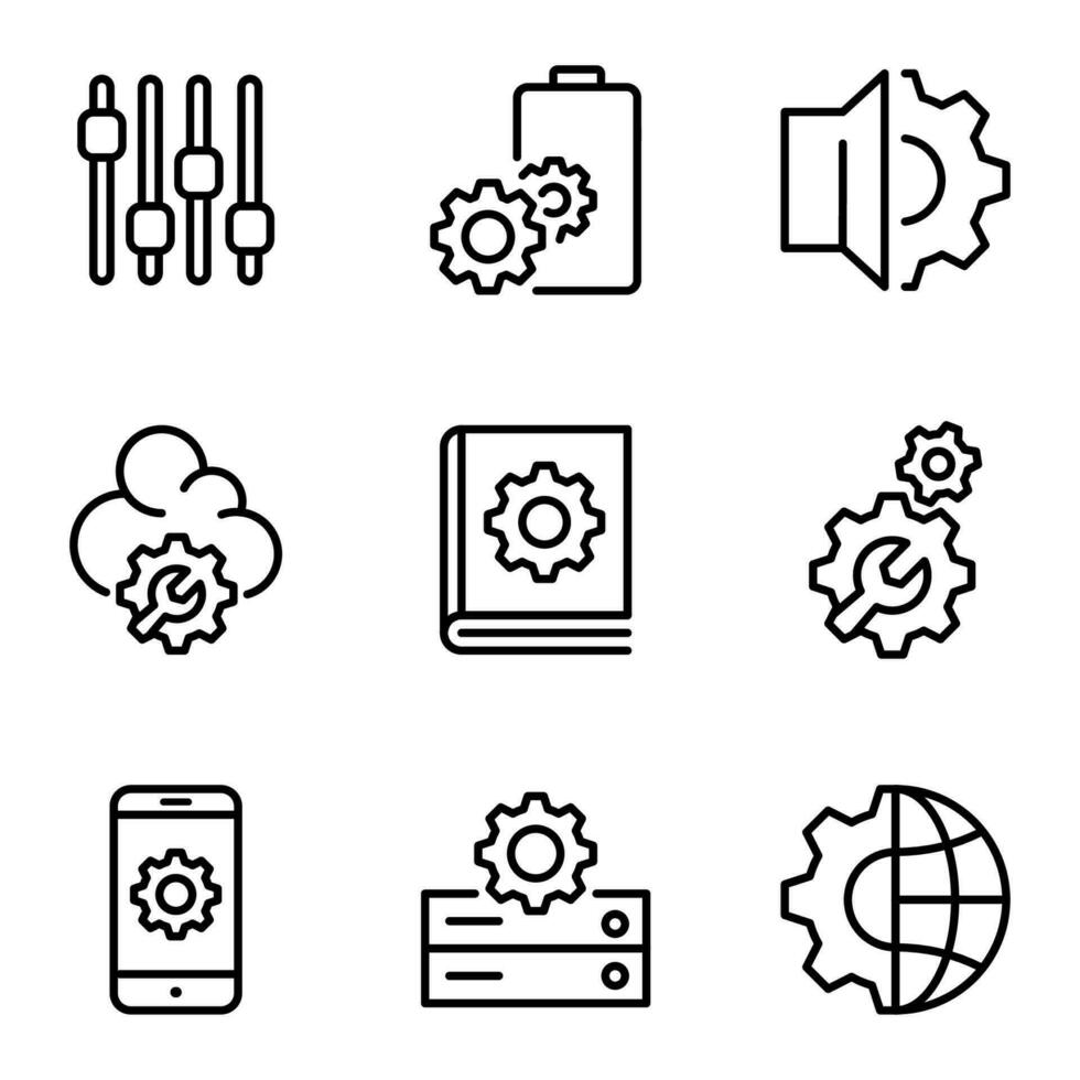 Set of setting line icons. gear and repair icon. control, service, maintenance, system, recovery, icon set and installing vector