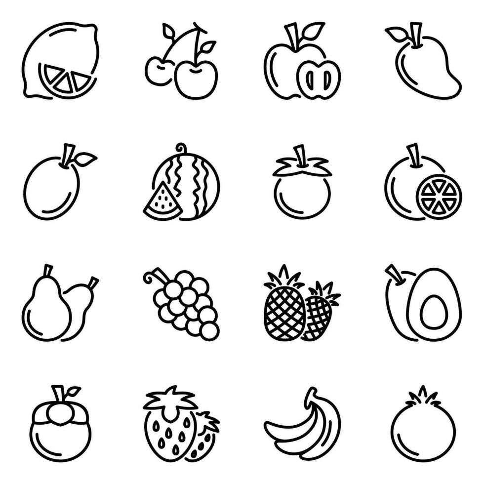 fruit line icons set. tropic, stroke, lined, vitamin, outline, vegetarian, health, nutrition, grape, juice, illustration, lime, pear, strawberry, apple vector