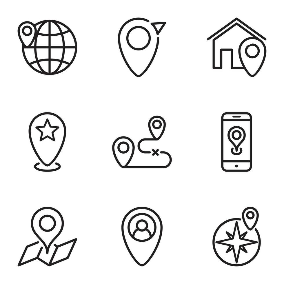 Set of 9 pin line icon. geography, satellite, cartography, find, target, distance, globe, lined, mark, navigation, point, position vector