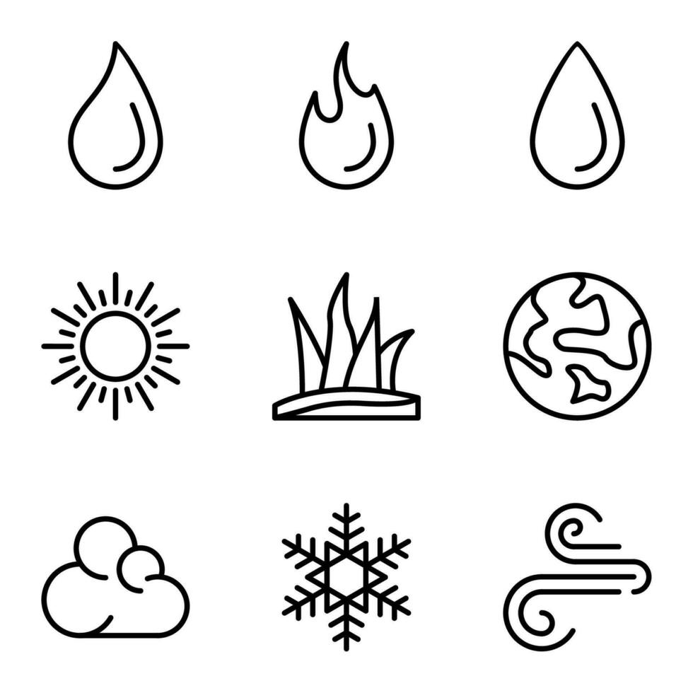 Set of nature line icons. ecology icon, cloud, earth, lightning, icon set, water, ecology, nature, leaf, fire and sun vector