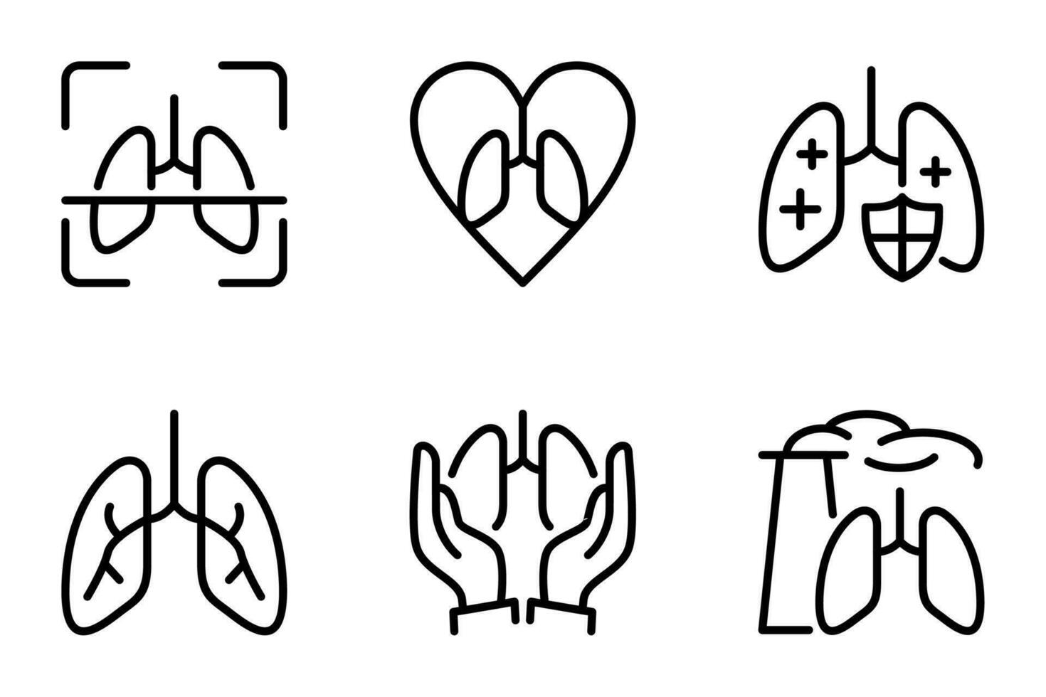 pulmón línea íconos colocar. pulmones, salud, cáncer, icono, contaminación, bronquitis, vector, anatomía, anatómico, biología, aliento, respirar, bronquios vector