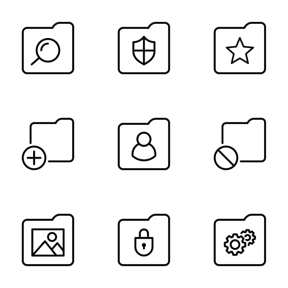 set of folder file line icons vector. search file, picture, secure, setting vector