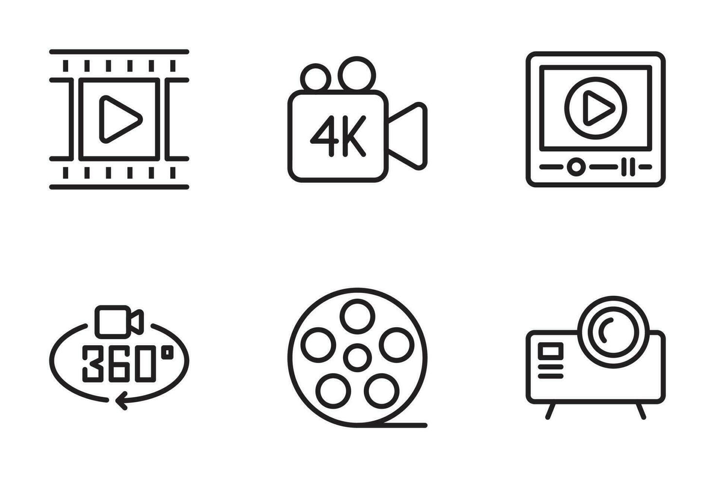 conjunto de multimedia línea iconos cámara y vídeo íconos colocar. monitor, cine, película, registro, reloj vector