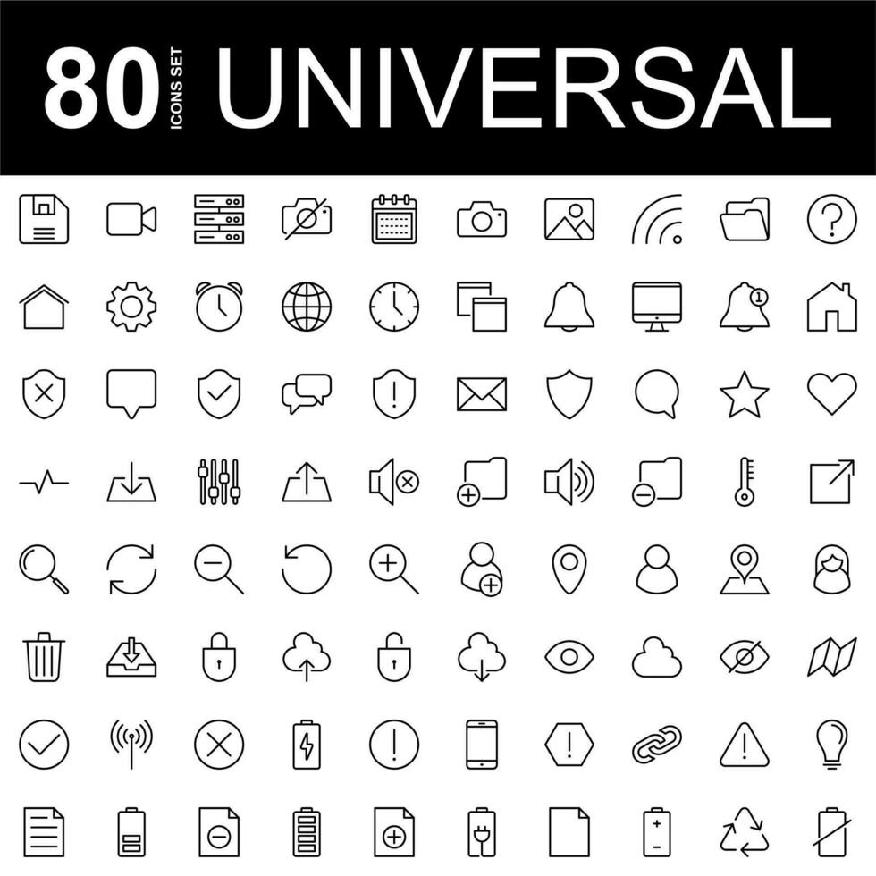 Universal icons set. set of 80 Universal line icons. chat, multimedia, mail, user, email, navigation, universal, search, contact, folder, computing, software, interface, calendar and website vector