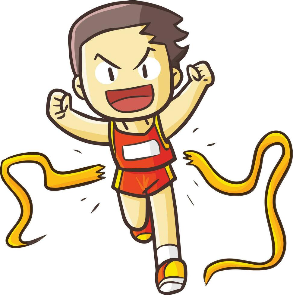 Great and cool male runner go through finish ribbon vector