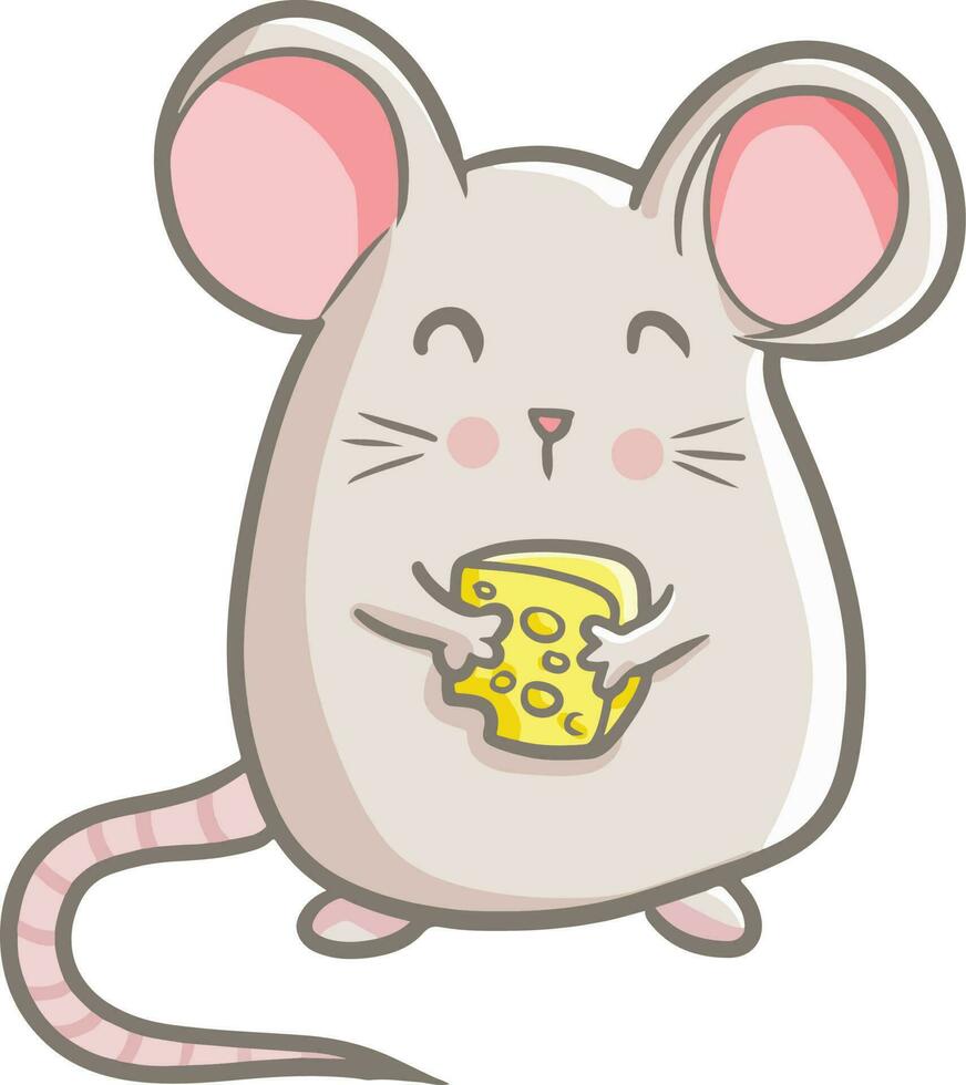 Funny and cute mouse standing and holding a cheese - vector. vector