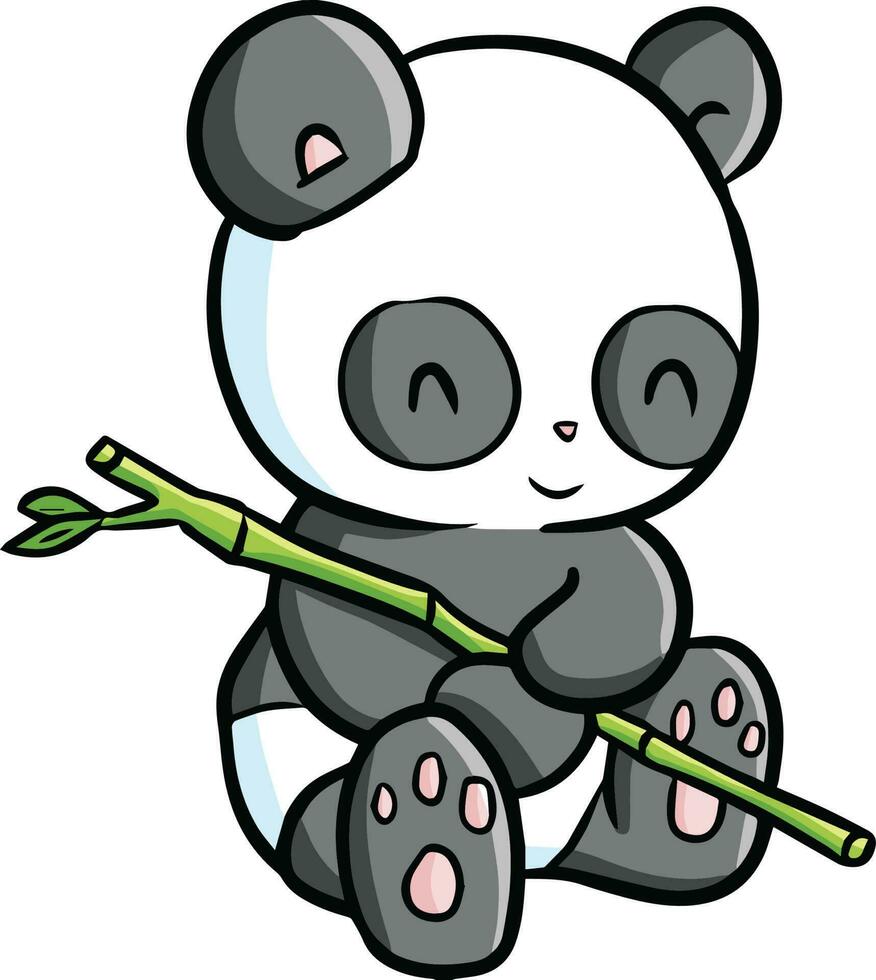 Funny and cute panda sit down and holding little bamboo vector