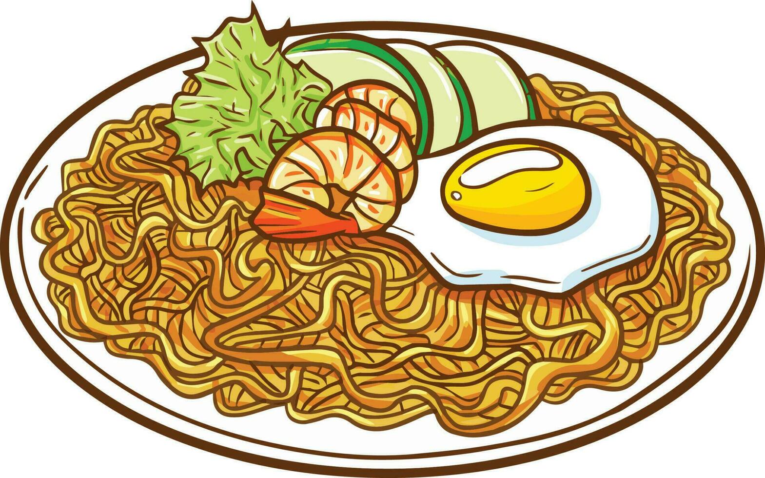 Seafood fried noodle, or Mie Goreng Seafood in Bahasa Indonesia. A cultural noodle food from Asia with additional seafood ingredients. vector