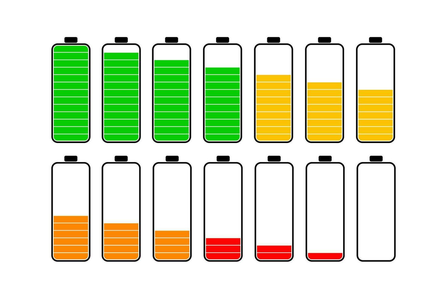 Set of capacity battery icons. Mobile phone charge level illustration sign collection in flat style Vector. Set of battery charge level indicators. vector