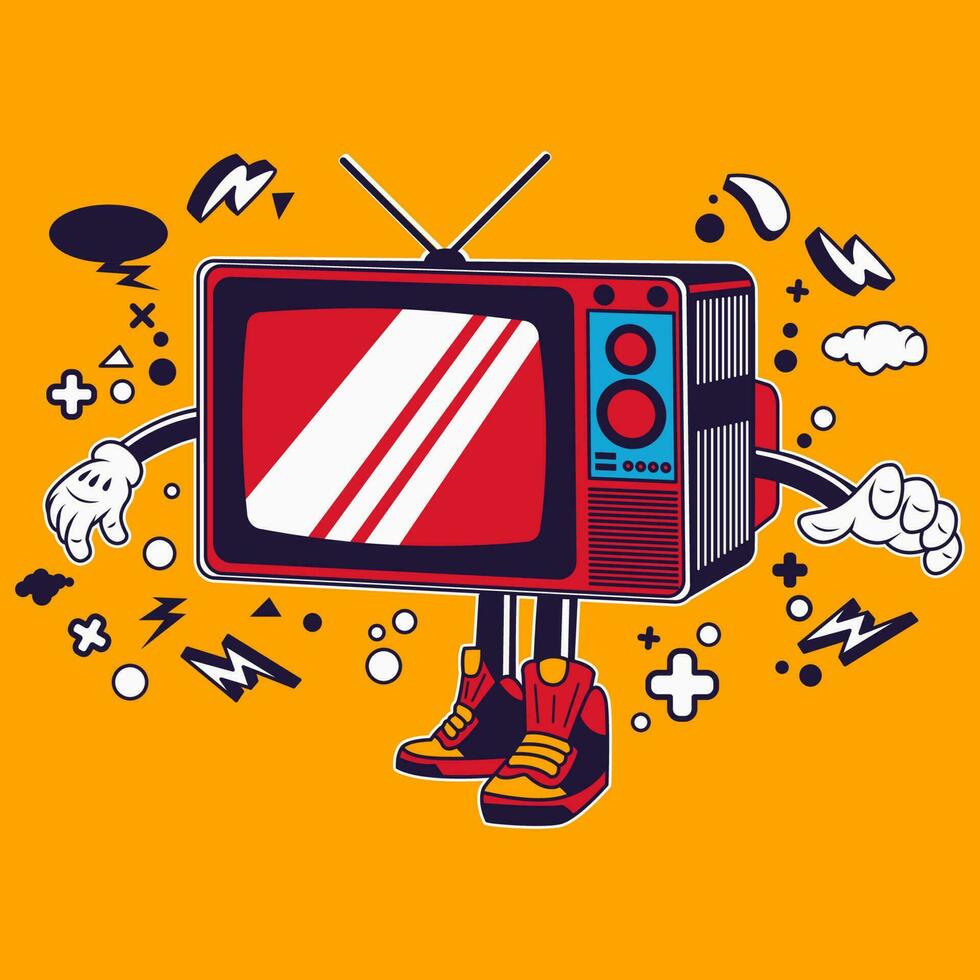 Retro Television Cartoon Character Sticker Vector Stock Illustration