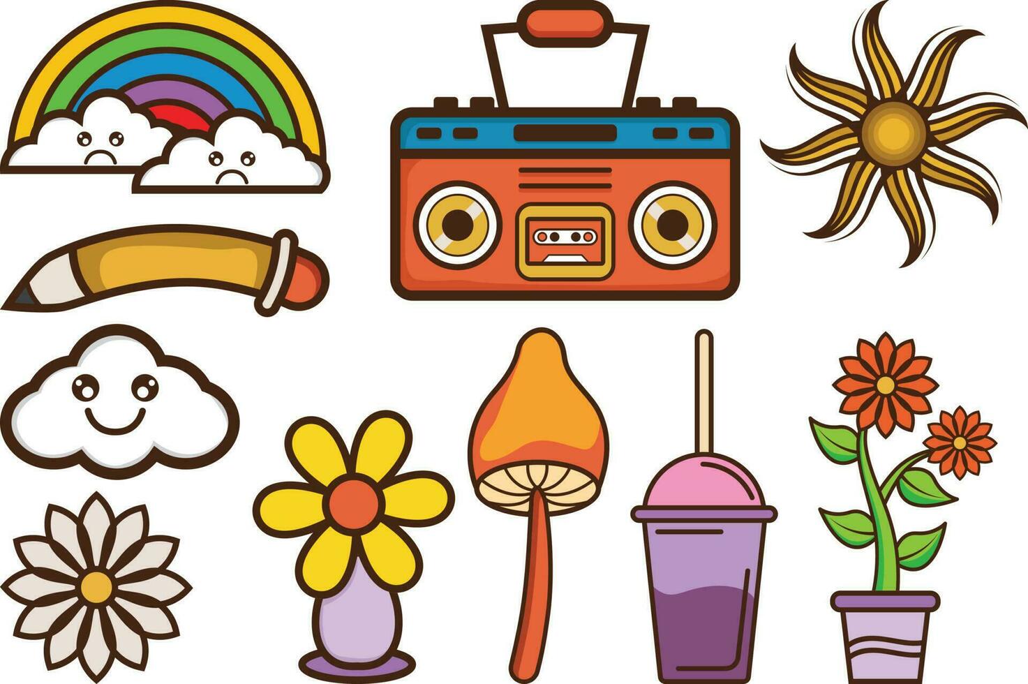 Hand drawn 90's Retro element Clipart collection set. vector